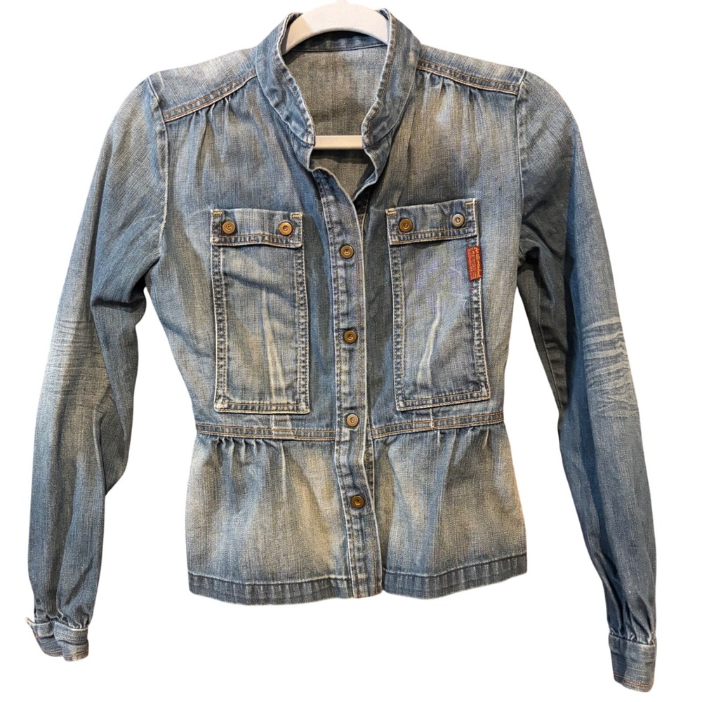 7 For All Mankind y2k Jean blue Denim Peplum‎ Jacket Light Wash XS Made in USA
